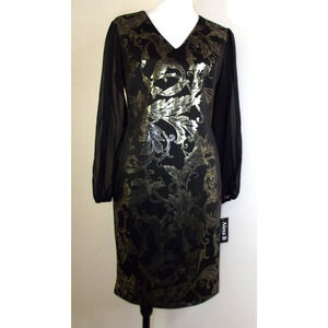 Alexa B Nites Womens Sheath DRESS - Size 4 Black Gold V-Neck Sheer Sleeves NWT